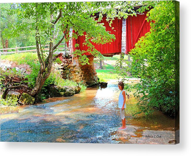 Covered Bridge Acrylic Print featuring the painting Standing By The River At Campbell's Bridge by Bellesouth Studio