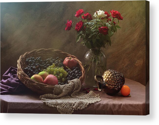 Flowers Acrylic Print featuring the photograph Still Life With Fruit And Roses by Ustinagreen