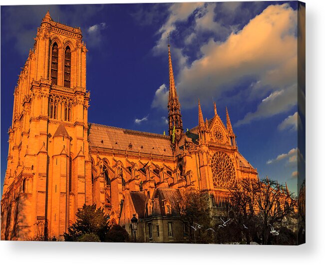 Birds Acrylic Print featuring the digital art Sunset Notre Dame by Ray Shiu