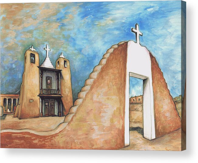 Taos+pueblo Acrylic Print featuring the painting Taos Pueblo New Mexico - Watercolor Art Painting by Peter Potter