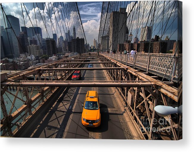 Bridge Acrylic Print featuring the photograph Taxi Crossing the Brooklyn Bridge by Amy Cicconi