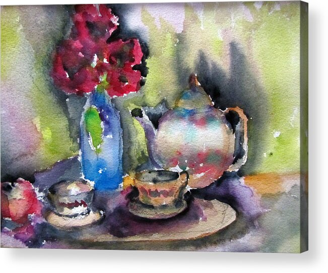 Still Life Of Flowers Acrylic Print featuring the painting Tea and Flowers by Lucille Valentino