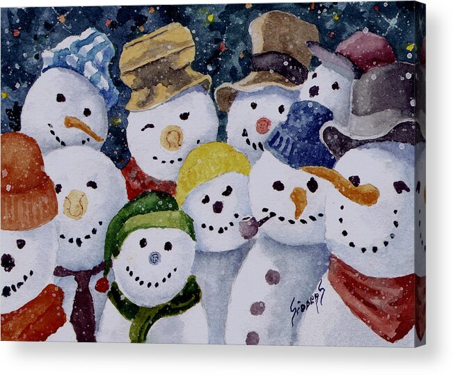 Snowmen Acrylic Print featuring the painting Ten Little Snowmen by Sam Sidders