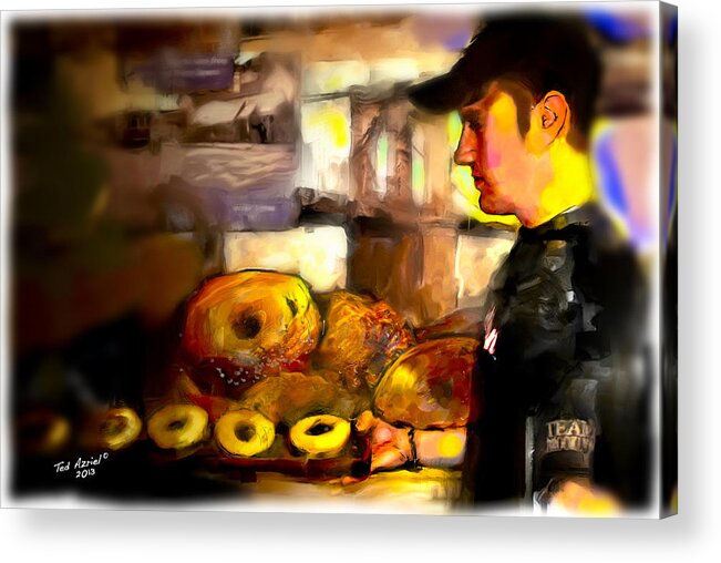 Bagel Art Paintings Acrylic Print featuring the painting The Bagel Maker by Ted Azriel
