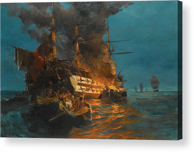 Konstantinos Volanakis Acrylic Print featuring the painting The burning of a Turkish frigate by Konstantinos Volanakis
