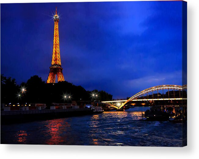 Crystal Acrylic Print featuring the photograph The Eiffel Tower on the Seine at the Blue Hour by Mitchell R Grosky