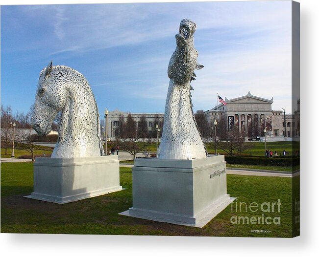 The Kelpies Acrylic Print featuring the photograph The Kelpies with the Field Museum by Veronica Batterson