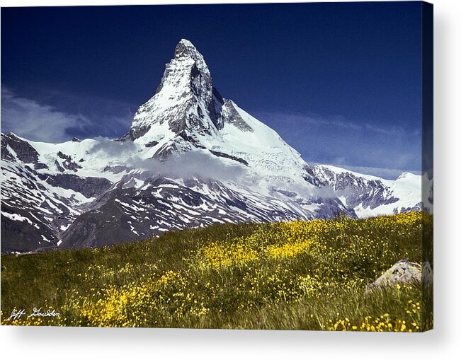 Alpine Acrylic Print featuring the photograph The Matterhorn with Alpine Meadow in Foreground by Jeff Goulden