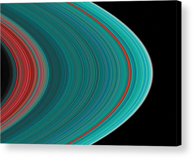 No People; Horizontal; Outdoors; Extreme Close Up; Part Of; Backgrounds; Science; Asteroid Belt; Concentric; Astronomy; Solar System; Saturn; Space; Red; Blue; Space Exploration; Cassini; Spaceship Acrylic Print featuring the photograph The Rings of Saturn by Anonymous