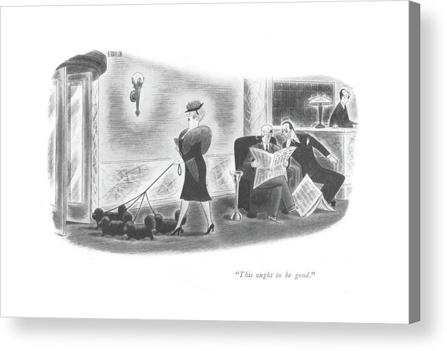 
 Men See Lady About To Go Through Revolving Door With 4 Dogs On A Leash. Tangled Mess Twist Twisted Impossible Sloppy Show Entertainment Spectacle Feat For Her Next Trick...
Maac 68615 Rta Richard Taylor Acrylic Print featuring the drawing This Ought To Be Good by Richard Taylor