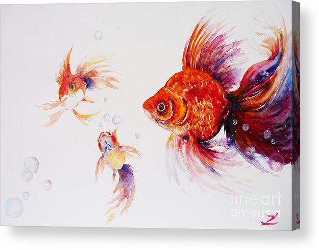 Goldfish Acrylic Print featuring the painting Three Goldfish by Zaira Dzhaubaeva