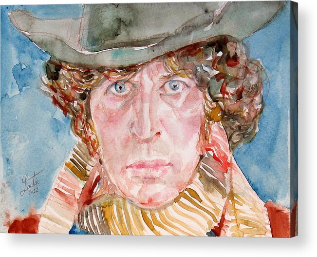 Tom Acrylic Print featuring the painting TOM BAKER DOCTOR WHO watercolor portrait by Fabrizio Cassetta