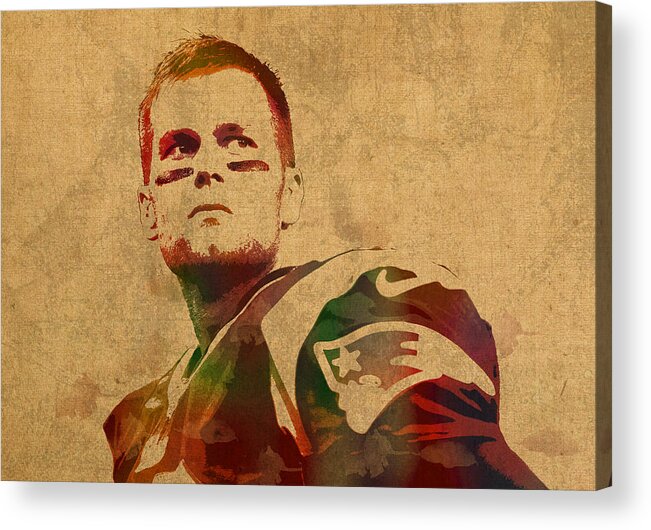 Tom Brady Acrylic Print featuring the mixed media Tom Brady New England Patriots Quarterback Watercolor Portrait on Distressed Worn Canvas by Design Turnpike