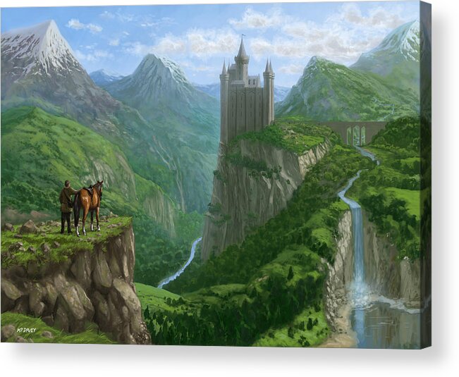 Landscape Acrylic Print featuring the painting Traveller in landscape with distant Castle by Martin Davey