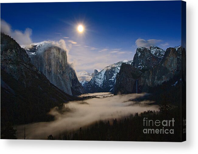 Moonrise Acrylic Print featuring the photograph Twilight - Moonrise over Yosemite National Park. by Jamie Pham