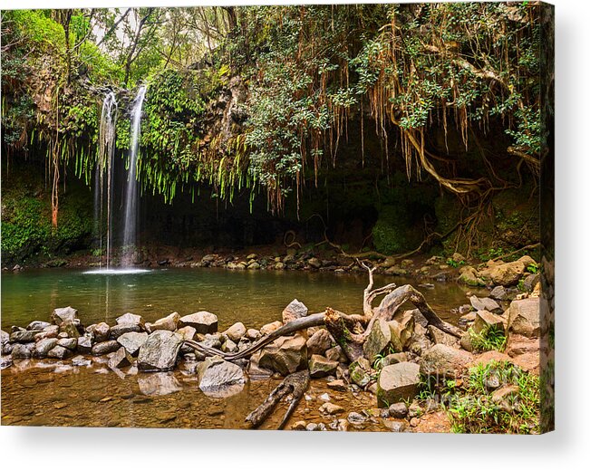 Twin Falls Acrylic Print featuring the photograph Twin Falls - the beautiful and magical falls along the Road to Hana in Maui by Jamie Pham