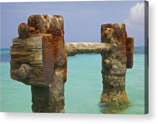 Aruba Acrylic Print featuring the painting Twin Rusted Dock Piers of the Caribbean by David Letts