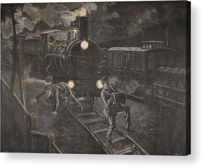 Male Acrylic Print featuring the drawing Two Men Hit By A Train Illustration by French School