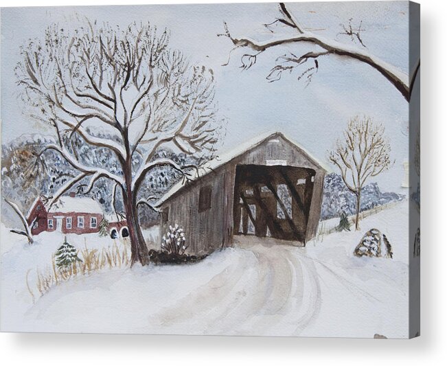 Vermont Acrylic Print featuring the painting Vermont Covered Bridge in Winter by Donna Walsh