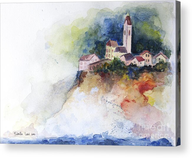 Watercolor Acrylic Print featuring the painting Village by the sea by Stella Levi
