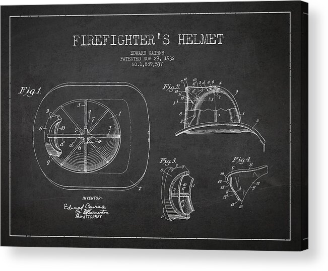 Firefighter Acrylic Print featuring the digital art Vintage Firefighter Helmet Patent drawing from 1932 by Aged Pixel