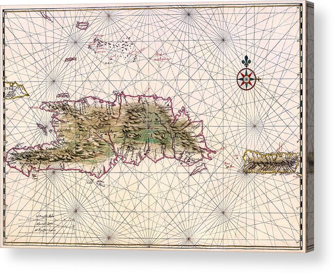 Map Acrylic Print featuring the drawing Vintage Map of Nautical Routes Hispaniola Puerto Rico by Mountain Dreams