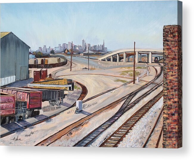 Urban Painting Acrylic Print featuring the painting Waiting for the Train by Asha Carolyn Young
