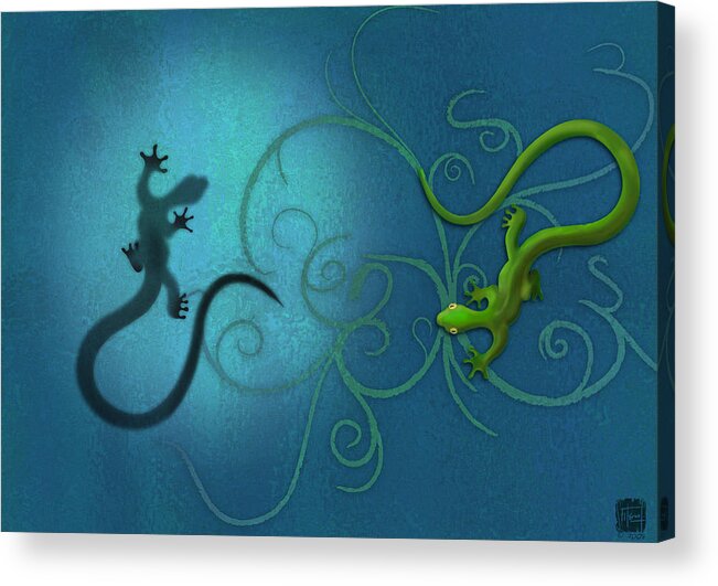 Gecko Acrylic Print featuring the digital art water colour print of twin geckos and swirls Duality by Sassan Filsoof