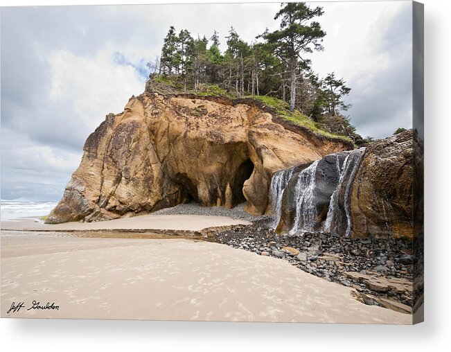Beach Acrylic Print featuring the photograph Waterfall Flowing into the Pacific Ocean by Jeff Goulden