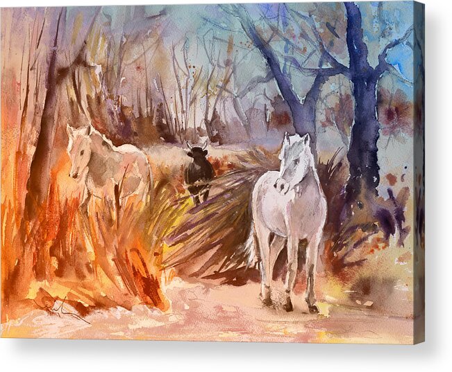 Travel Acrylic Print featuring the painting White Horses and Bull in The Camargue by Miki De Goodaboom