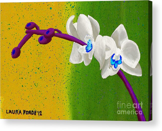 White Orchids Acrylic Print featuring the painting White Orchids on Yellow and Green by Laura Forde