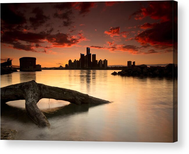 Detroit Acrylic Print featuring the photograph Windsor and Detroit Sunset by Cale Best