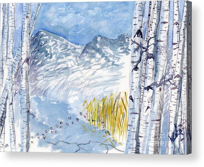 Winter #blue Blue Victor Vosen Watercolor Birch Trees Snow Ice Landscape Acrylic Print featuring the painting Without Borders by Victor Vosen