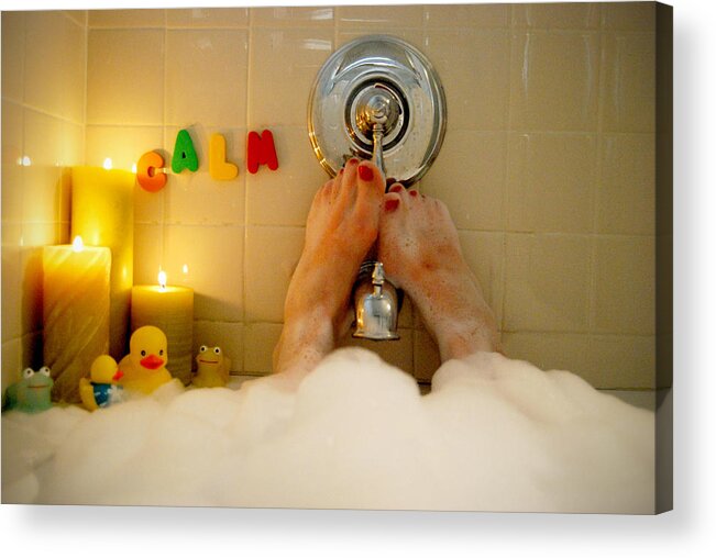 Shower Acrylic Print featuring the photograph Woman relaxing in a bubble bath by Amy Frazier, Shooting the Kids Photography