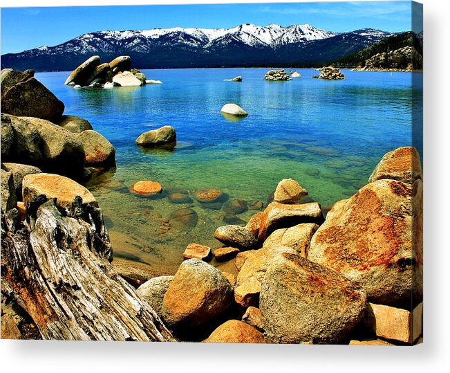 Lake Tahoe Acrylic Print featuring the photograph Wood Stone Water by Benjamin Yeager