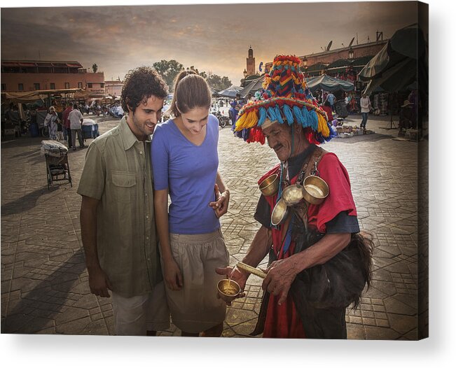 Young Men Acrylic Print featuring the photograph Young couple chatting with market trader, Jemaa el-Fnaa Square, Marrakesh, Morocco by Lost Horizon Images