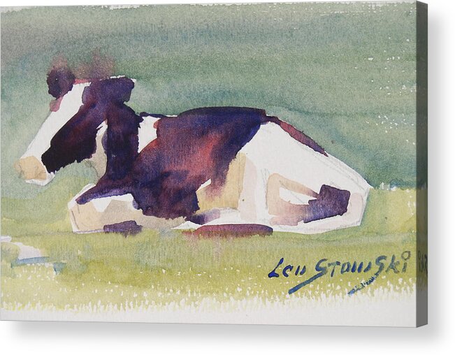 Berkshire Hills Paintings Acrylic Print featuring the painting Young Holstein Heifer Napping by Len Stomski