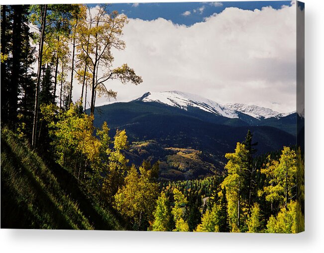 Red River Acrylic Print featuring the photograph Fall Snow On Wheeler Peak by Ron Weathers
