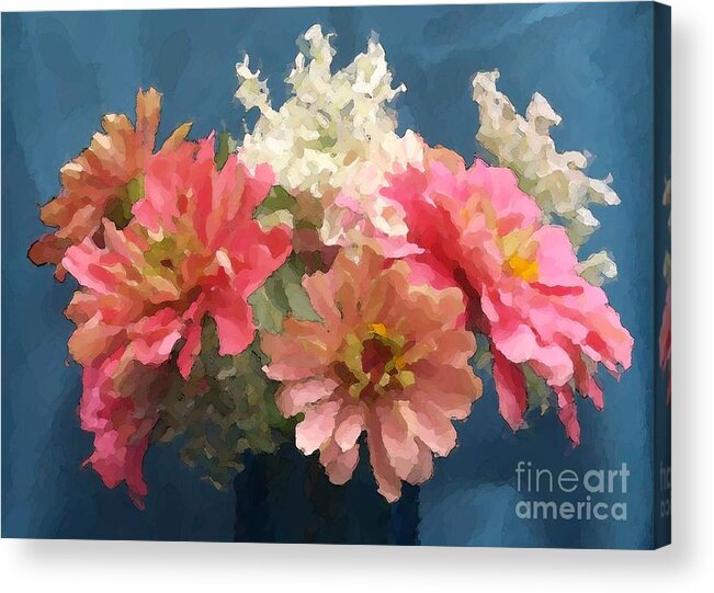  Acrylic Print featuring the digital art August Zinnias by Denise Dempsey Kane
