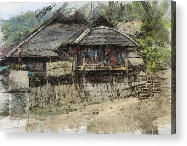 Digital Art Acrylic Print featuring the digital art Burmese village house 2 by Fran Woods