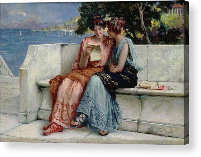 Female; Friends; Sharing; Secret; Letter; Confiding; Classical Costume; Coast; C19th; C20th; Mediterranean Landscape; Friendship; Laughing Acrylic Print featuring the painting Confidences by Guglielmo Zocchi