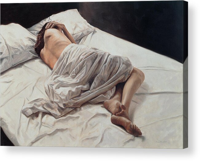 Sheets; Female; Nude; Bed; Asleep; Sleeping; Doze; Snooze; Dozing; Double Bed; Dreaming; Sleep Acrylic Print featuring the painting Drifting by John Worthington 