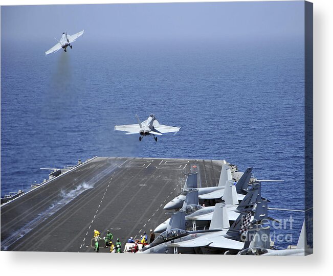 Uss Enterprise Acrylic Print featuring the photograph Fa-18f Super Hornets Launch by Stocktrek Images
