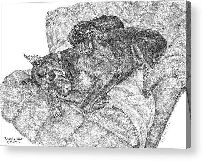 Doberman Acrylic Print featuring the drawing Lounge Lizards - Doberman Pinscher Dog Art Print by Kelli Swan