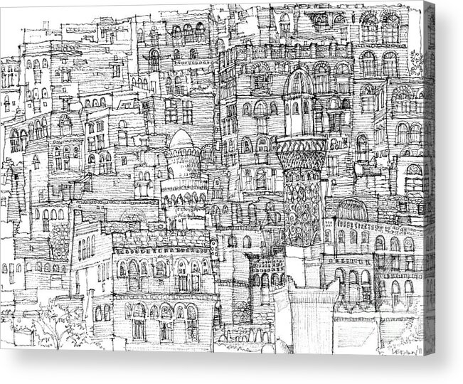 Yemen Architecture Stucco Sana'a Sanaa Ink Pen Details Roof-scape City Outline Buildings Drawings Outline Sketch Desert Sand Landmark Architect Architectural Vernacular Middle East Cities Arab Yemeni Lee-ann Adendorff Illustrator Illustration Rendering Render Buildings Pencil Art Minarets Towers Stone Sand Gulf Arab Architect Renderings Render Acrylic Print featuring the drawing Magical architecture of Yemen in ink by Adendorff Design