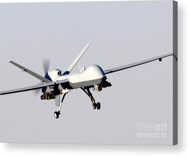 Mq-9 Reaper Acrylic Print featuring the photograph Mq-9 Reaper Prepares To Land by Photo Researchers