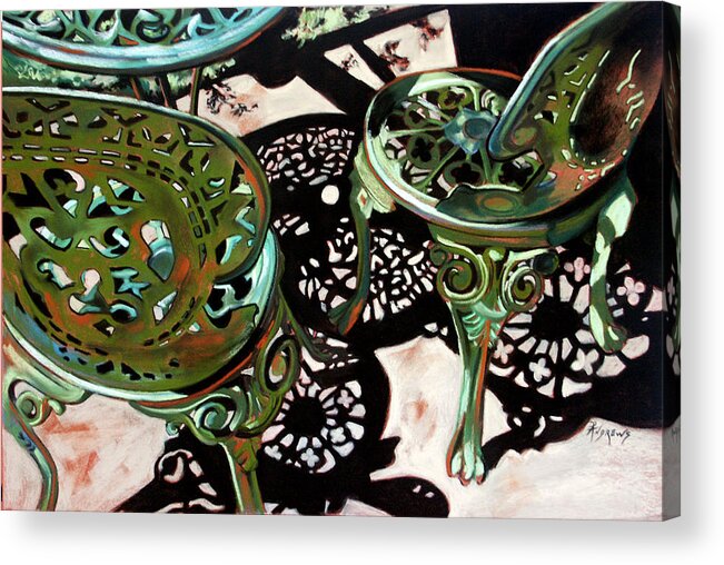 Patio Chairs Acrylic Print featuring the painting Patio Lace by Rae Andrews
