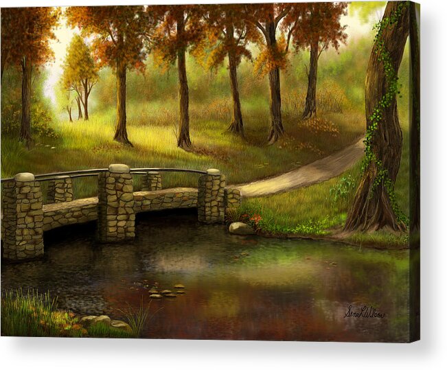 Landscapes Acrylic Print featuring the painting Pond Crossing by Sena Wilson