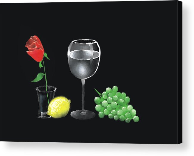 Still Life Grapes Rose Acrylic Print featuring the painting Red Rose And Grapes by Larry Cirigliano