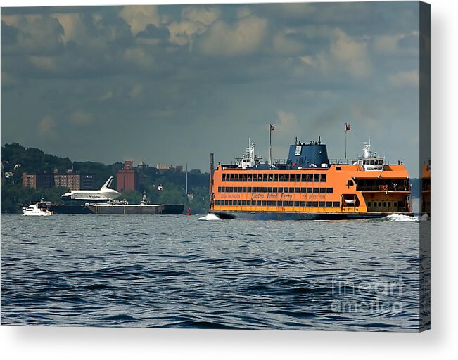 Space Shuttle Acrylic Print featuring the photograph Shuttle Enterprise glides past Staten Island Ferry by Tom Callan